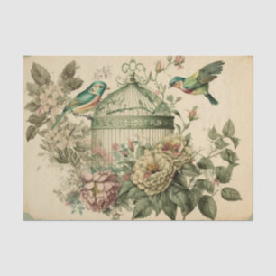 Grüne Vintage-Vögel und Blumenvogelkäfig-Decoupage Seidenpapier