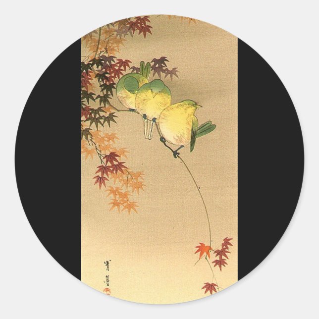 Grüne Vögel auf Ahornbaum, japanische Kunst c.1800 Runder Aufkleber (Vorderseite)