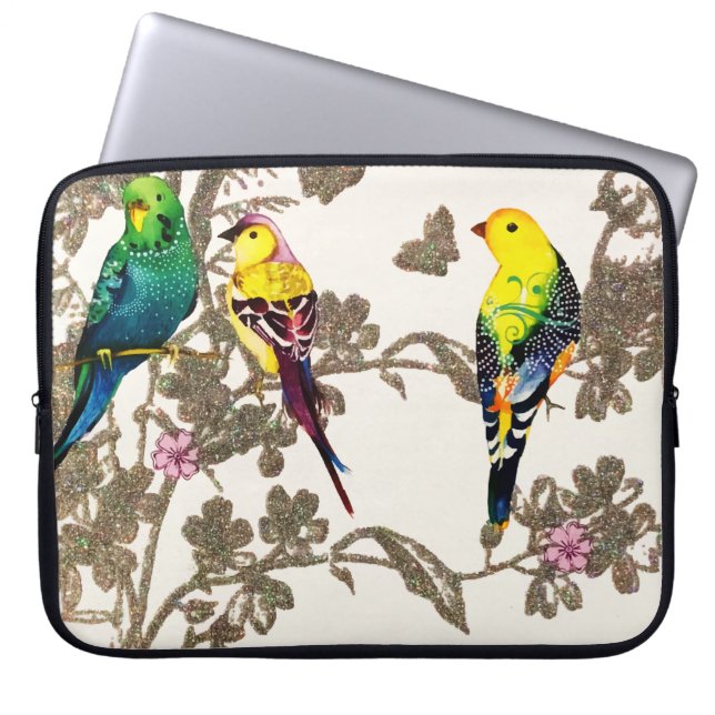 Grüne Vögel Blumengewässer Silberfarben Glitzer Laptopschutzhülle (Vorderseite)