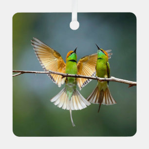 Grüne Vögel Frolisch auf dem Baumfoto Ornament Aus Metall