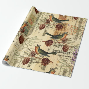 Grüne Vögel und Kiefernzapfen im Vintage-Stil Geschenkpapier