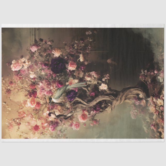 Grüne Vögel und lebhafte Blüten, Ätherische Bäume Seidenpapier (Vorderseite)