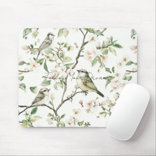 Grüne Vögel Weiße Blumen Baum Mousepad