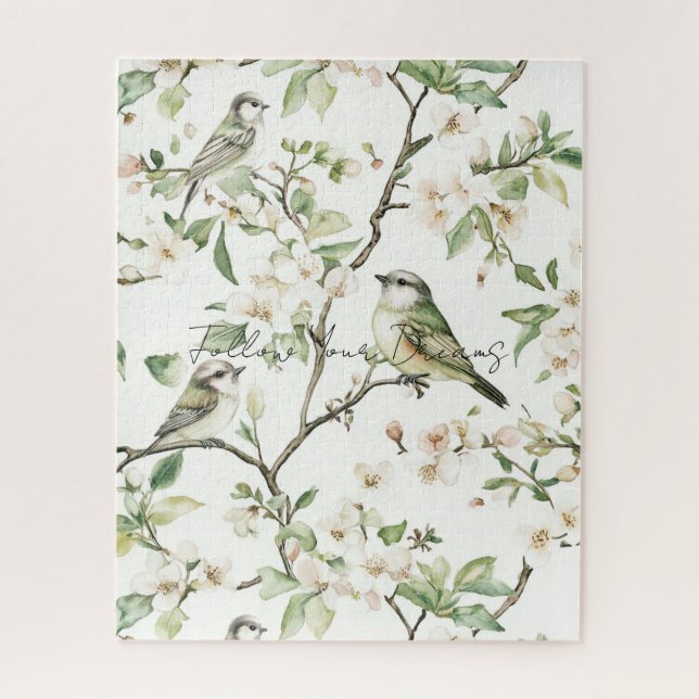 Grüne Vögel Weiße Blumen Baum Puzzle (Vertikal)