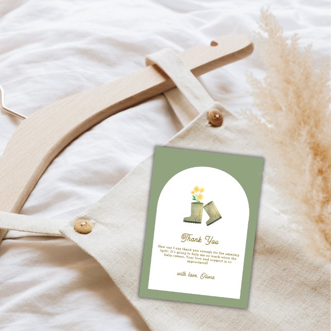 Grüne, vor Ort gezüchtete Blumenstiefel Babydusche Dankeskarte (Sage Green Locally Grown Floral Boots Baby Shower Thank You Card)