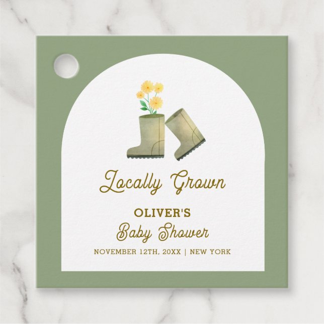 Grüne, vor Ort gezüchtete Blumenstiefel Babydusche Geschenkanhänger (Vorderseite)