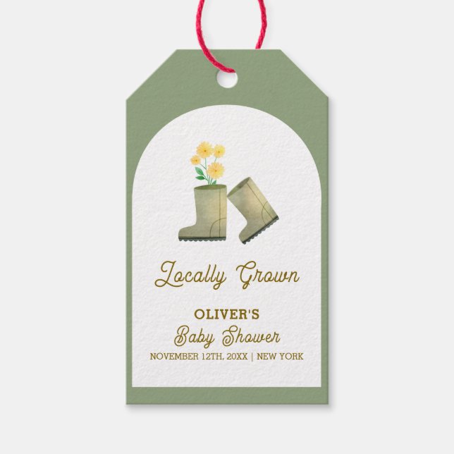 Grüne, vor Ort gezüchtete Blumenstiefel Babydusche Geschenkanhänger (Vorderseite)