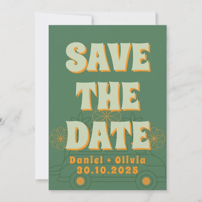 Grüne Vosvos Minimale Hochzeit Save The Date (Vorderseite)