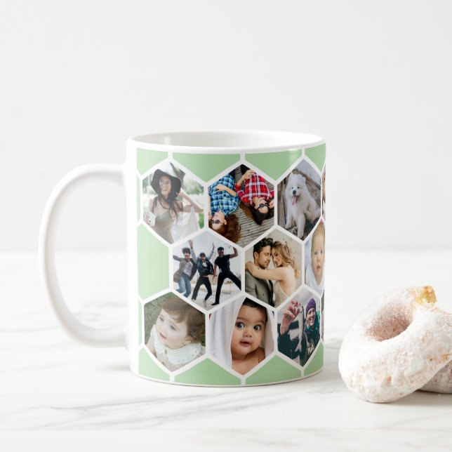 Grüne Waben-Fotocollage 20 Bilder Kaffeetasse (Mit Donut)