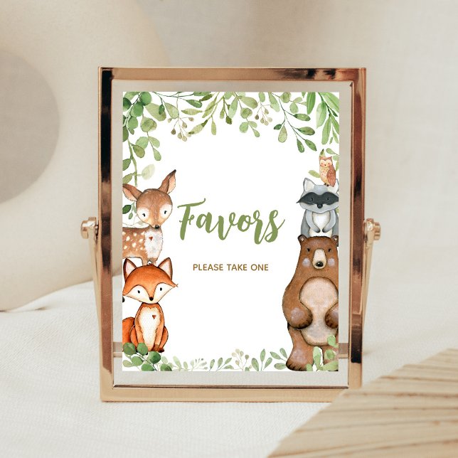 Grüne Wald-Babyparty-Geschenke-Schild Poster (Woodland Animals Baby Shower Favors Sign)