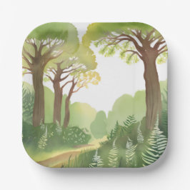 Grüne Wald Bäume | Natur Schöne Aquarellmalerei Pappteller