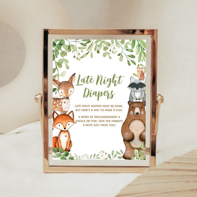 Grüne Wald-Dusche Späte Nacht-Windeln Schild (Woodland Animals Baby Shower Late Night Diapers Sign)