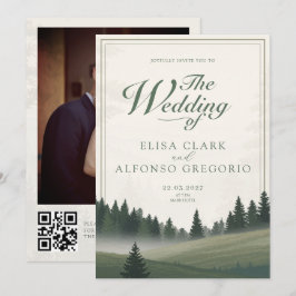 Grüne Wald-Klassiker Wasserfarben Foto QR Hochzeit Einladung