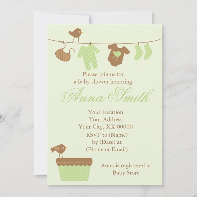 Grüne Wäscheleine-Babyparty Einladung (Vorderseite)