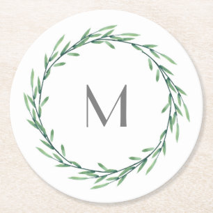 Grüne Wasserfarbe Blätter Kranz Runder Pappuntersetzer