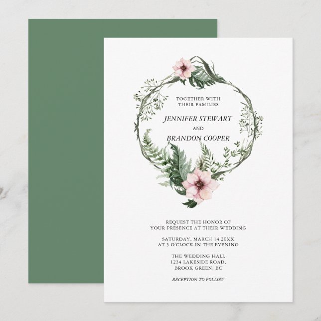 Grüne Wasserfarbe Blumenzauber Einladung zur Hochz (Vorne/Hinten)