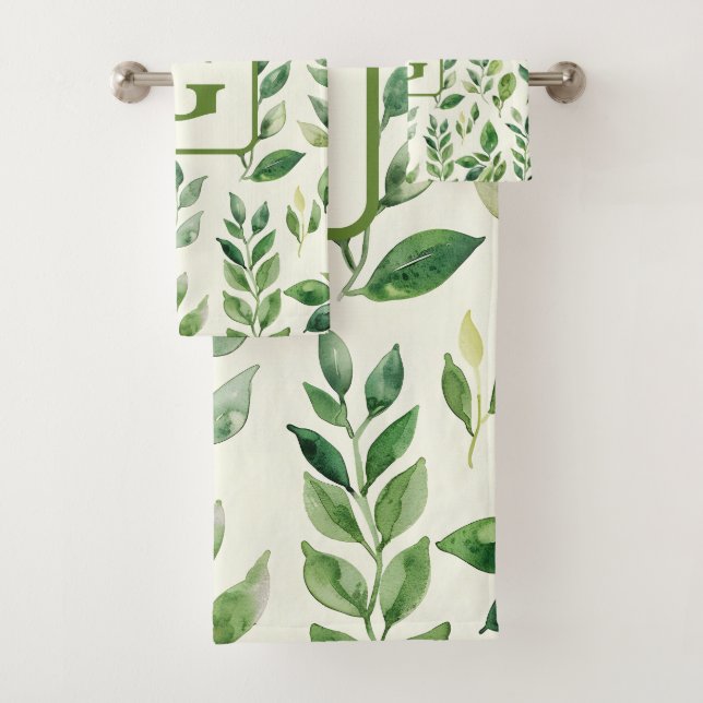 Grüne Wasserfarbe Botanische Blätter Monogramm Badhandtuch Set (Insitu)