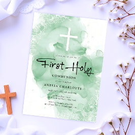 Grüne Wasserfarbe der ersten heiligen Kommune Einladung