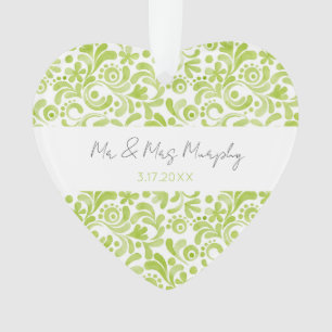 Grüne Wasserfarbe Hochzeitdatum süßes Herz Ornament