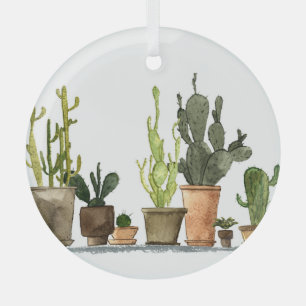 Grüne Wasserfarbe Kakteen: Handgezogene Töpfe Ornament Aus Glas