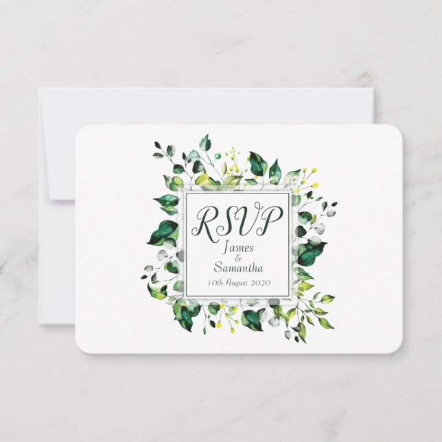 Grüne Wasserfarbe Leaf und Gelbe Blume | Hochzeit RSVP Karte (Vorderseite)