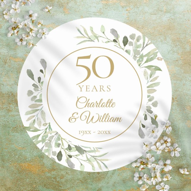 Grüne Wasserfarben 50. Hochzeitstag Runder Aufkleber (Watercolor Greenery 50th Wedding Anniversary Classic Round Sticker)