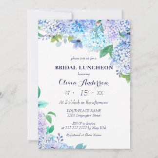 Grüne Wasserfarben Blue Hydrangea Bridal Luncheon Einladung
