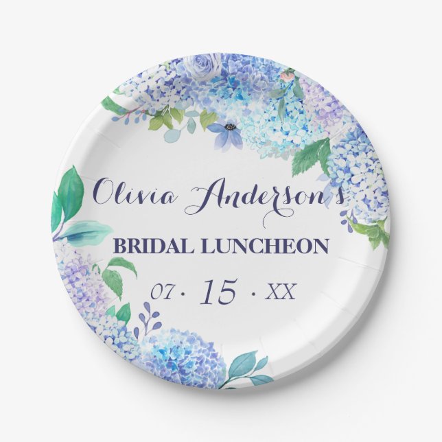 Grüne Wasserfarben Blue Hydrangea Bridal Luncheon Pappteller (Vorderseite)