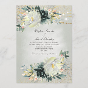 Grüne Wasserfarben-Blumen-Hochzeit mit Glitter Einladung