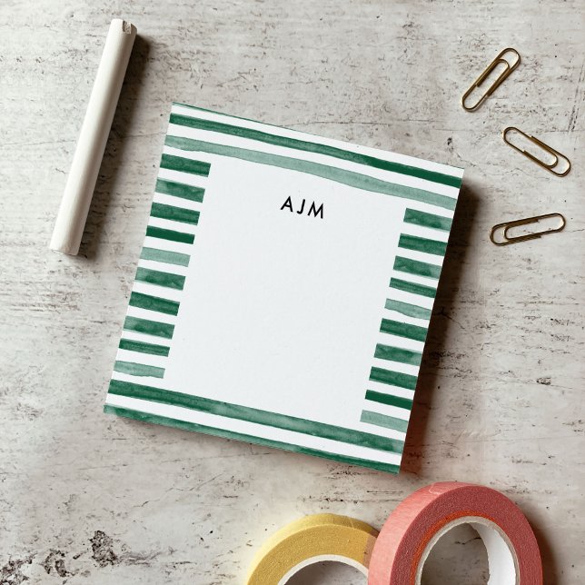 Grüne Wasserfarben-Streifen-Monogramm Post-it Klebezettel (Green Watercolor Stripes Monogram Post-it Notes)