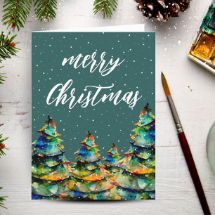 Grüne Wasserfarben-Weihnachtsbaum-Schneeflocken Feiertagskarte
