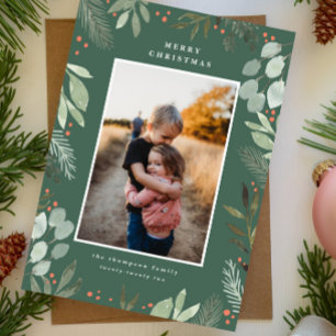 Grüne Wasserfarben-Weihnachtsfotokarte für den Wal Einladung