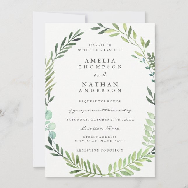Grüne Wasserfarbenleder Kranz Einladung zur Hochze (Vorderseite)