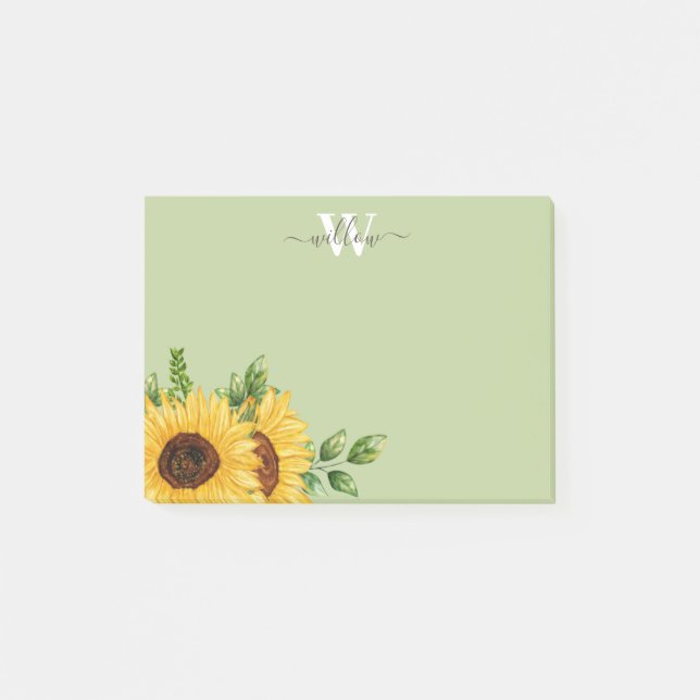 Grüne Wasserfarbensonne mit Monogramm Post-it Klebezettel (Vorderseite)