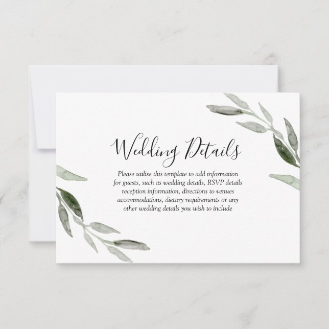Grüne Watercolor Leaf Moderne Hochzeitsdetails RSVP Karte (Vorderseite)