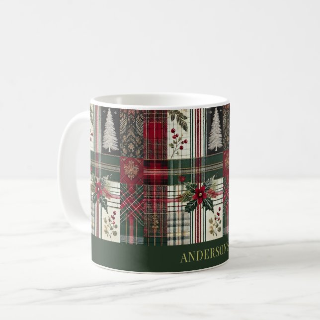 Grüne Weihnachten Rustikale Karierte Tartan Muster Kaffeetasse (Vorderseite Links)