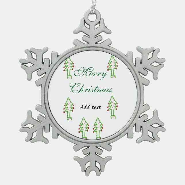 Grüne Weihnachtsbaum Rote Kirsche frohe Weihnachts Schneeflocken Zinn-Ornament (Vorderseite)