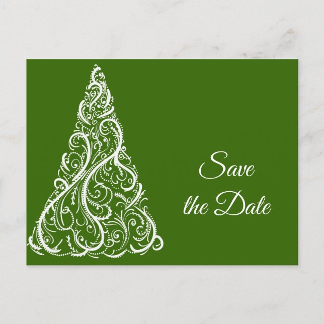 Grüne Weihnachtsbaum Winterhochzeit Save the Date Ankündigungspostkarte (Vorderseite)