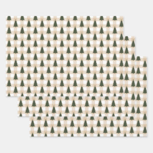 Grüne Weihnachtsbäume auf Creme Kariert Geschenkpapier Set