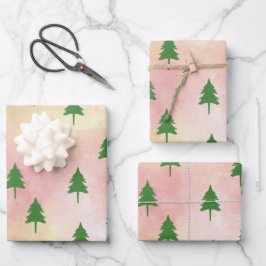 Grüne Weihnachtsbäume farbenfroher Himmel Hintergr Geschenkpapier Set