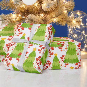Grüne Weihnachtsbäume und rote Berries Geschenkpapier