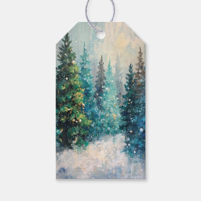 Grüne Weihnachtsbäume Winterwald Geschenkanhänger (Vorderseite)