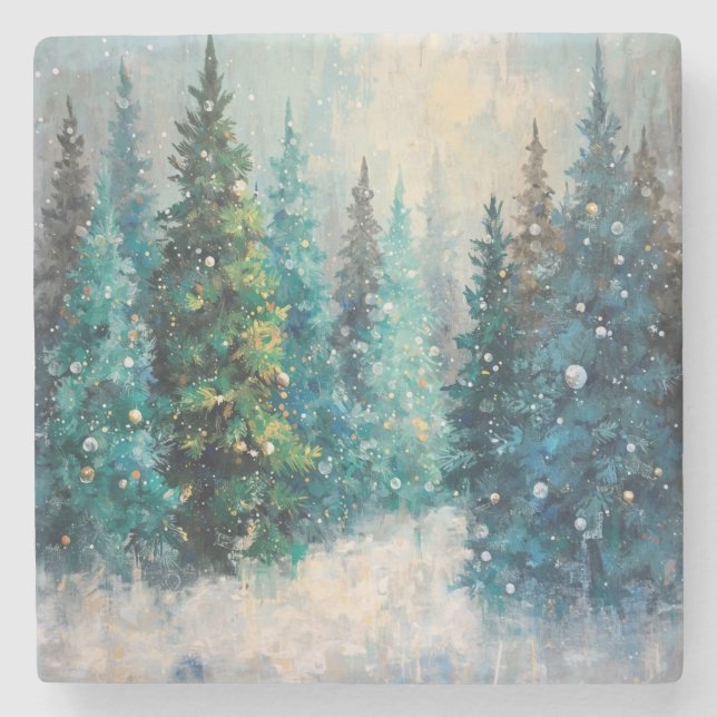 Grüne Weihnachtsbäume Winterwald Steinuntersetzer (Vorderseite)