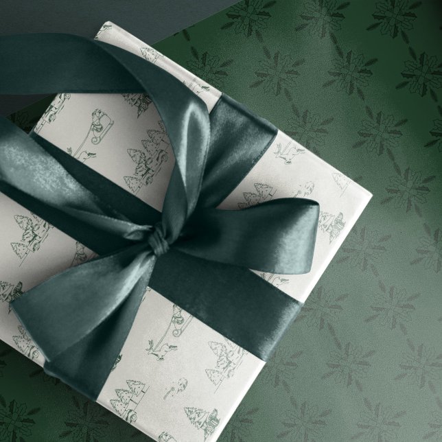 Grüne Weihnachtsbaumschmuck und Weihnachtsgeschenk Geschenkpapier Set (Wrapping paper in green tones. Modern Toile de Jouy Christmas Illustrations)