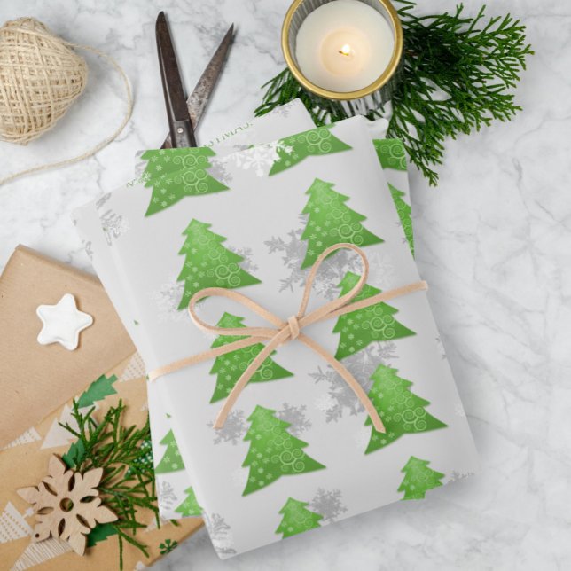 Grüne Weihnachtsbaumwrapping Paper Sheets Geschenkpapier Set (Green Festive Christmas Tree Wrapping Paper Sheets)