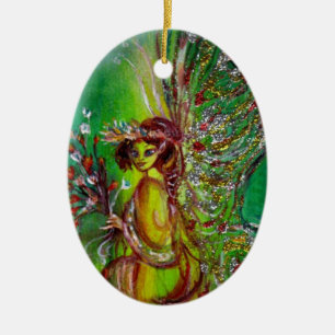 GRÜNE WEIHNACHTSFEEN MIT SMARAGD-EDELSTEIN KERAMIK ORNAMENT