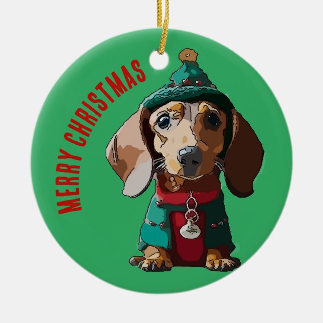 Grüne Weihnachtsfeier-Dackel Keramik Ornament (Vorne)