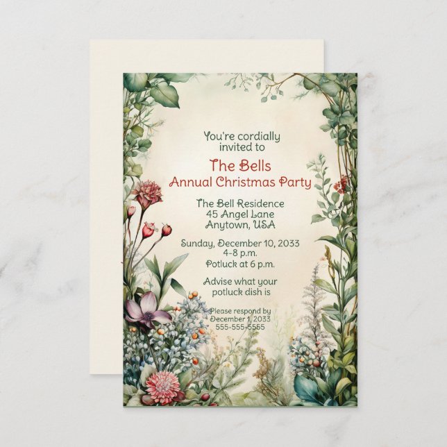 Grüne Weihnachtsfeiertage Blume Jährliches Party Einladung (Vorne/Hinten)