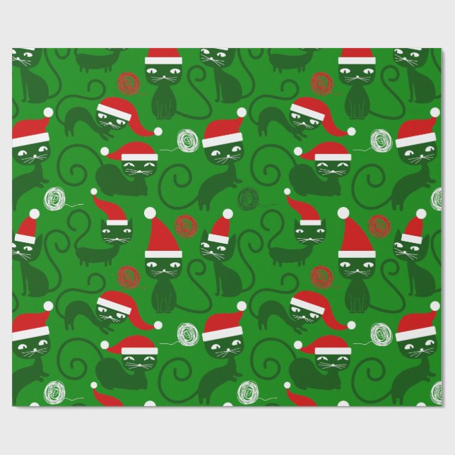 Grüne Weihnachtskatzen Geschenkpapier (Flach)