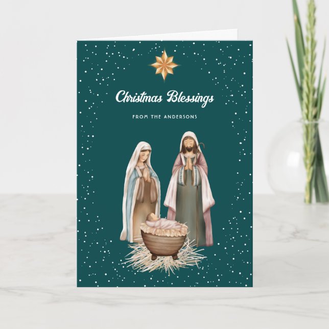 Grüne Weihnachtskrippe Christus Stern Foto Feiertagskarte (Vorderseite)